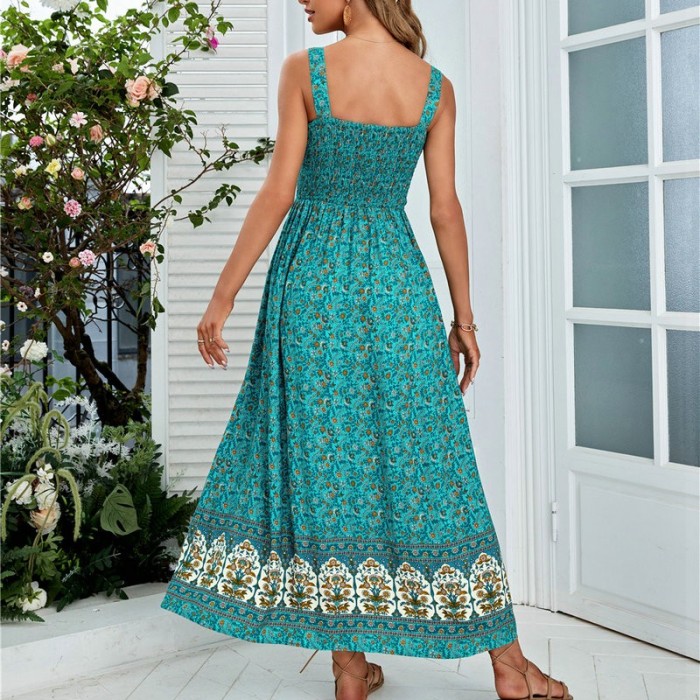 Trendy Floral Print Pleated Sleeveless Backless High Waist Resort  Vacation Dress
