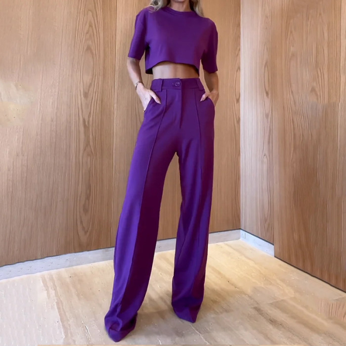 Women's Two-piece Summer Fashion Round Neck Solid Color Top Loose Pocket Pants