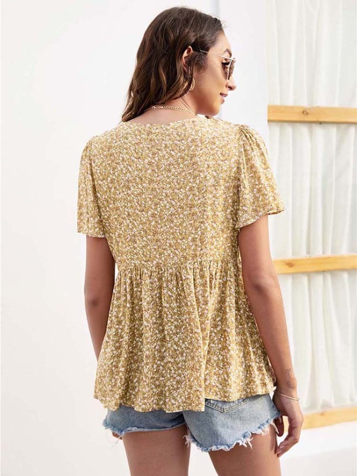 Women's Summer Print Fashion V Neck Loose Casual Shirt