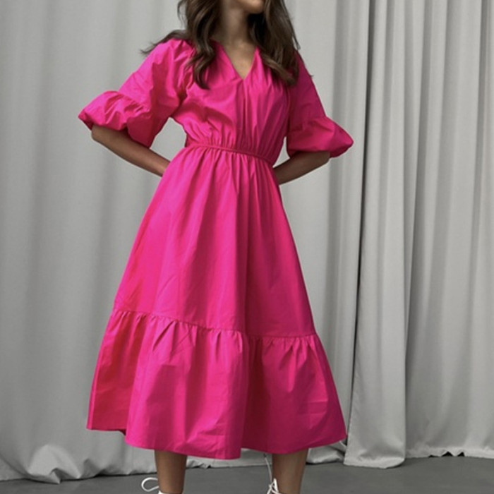 Elegant V Neck Elegant Solid Color A Line Fashion Party  Midi Dress
