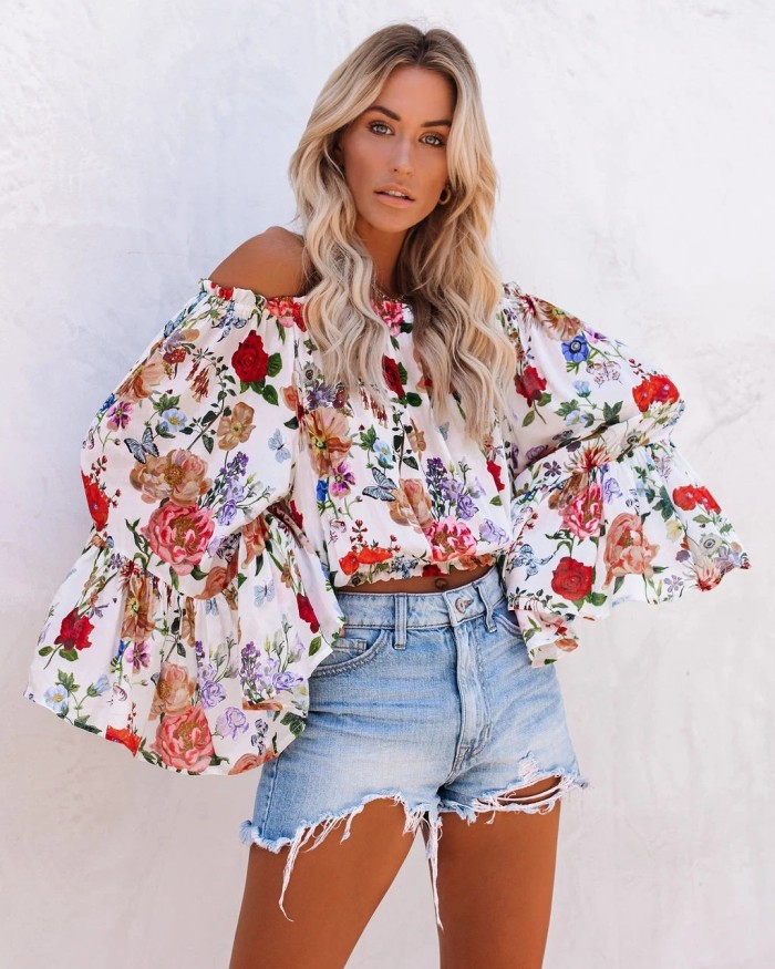 Fashion Printed Bohemian Off Shoulder Dolman Sleeve Top Shirt