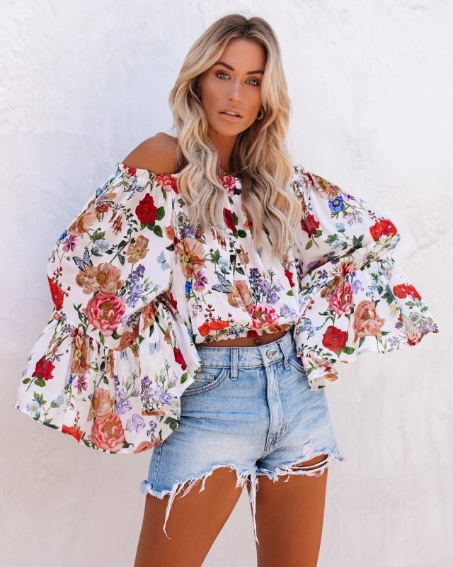Fashion Printed Bohemian Off Shoulder Dolman Sleeve Top Shirt