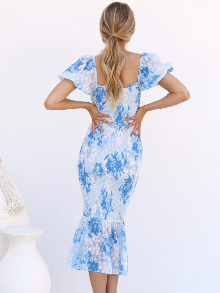 Elegant Printed Puff Sleeves Backless Fishtail Ruffles Slit Lace  Bodycon Dress