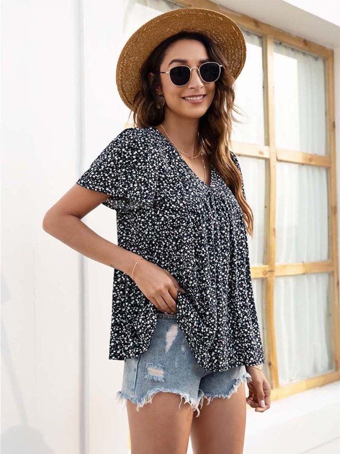 Women's Summer Print Fashion V Neck Loose Casual Shirt