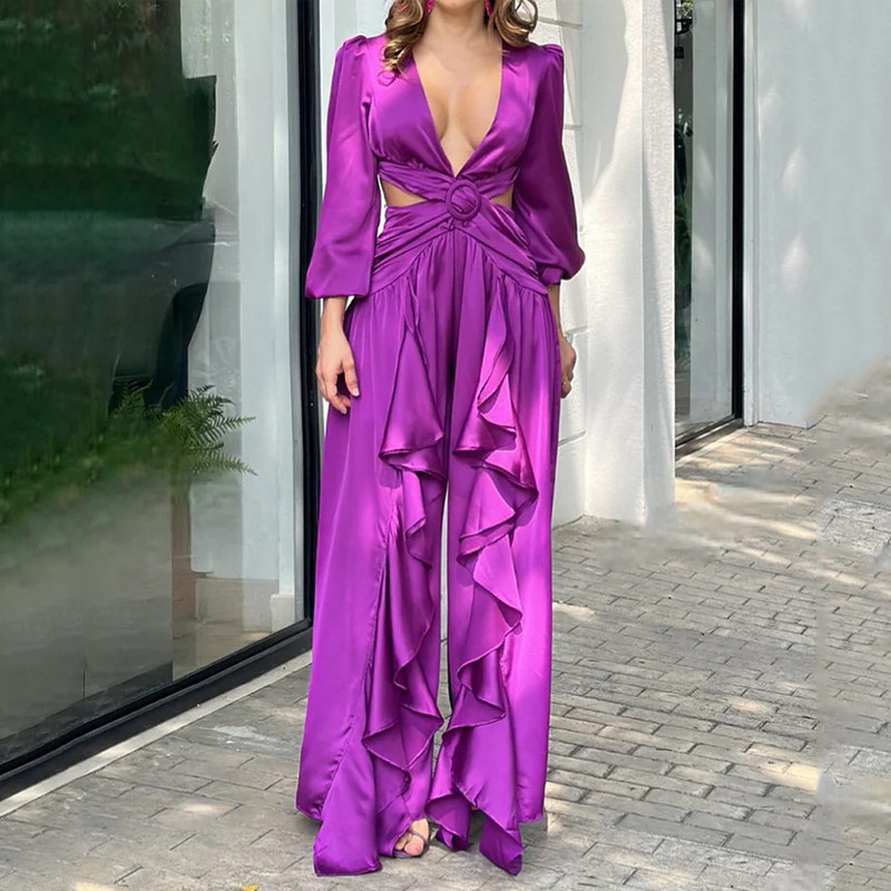 Fashion Sexy V Neck High Waist Solid Color Pleated Loose Wide Leg Jumpsuit