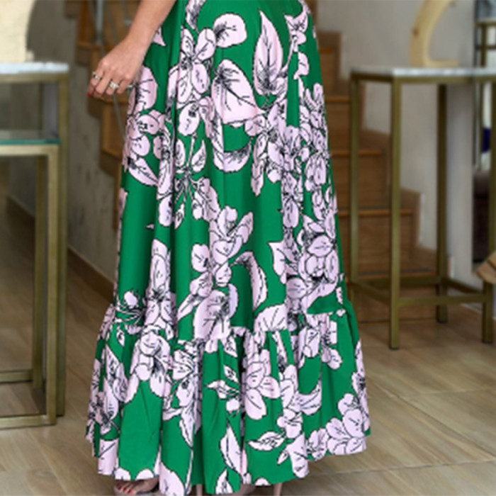 Women's Fashion Casual Puff Sleeve Print Ruffle  Maxi Dress