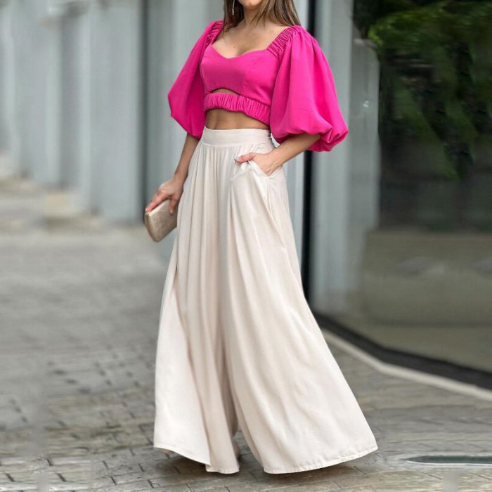 Women's Temperament Pure Color Puff Sleeve Top Wide Leg Pants Fashion Casual  Two Pieces