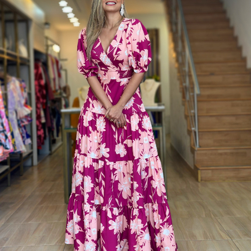 Boho Fashion Fashion Flower Print Sexy V Neck Long Sleeve Ruffle  Maxi Dress