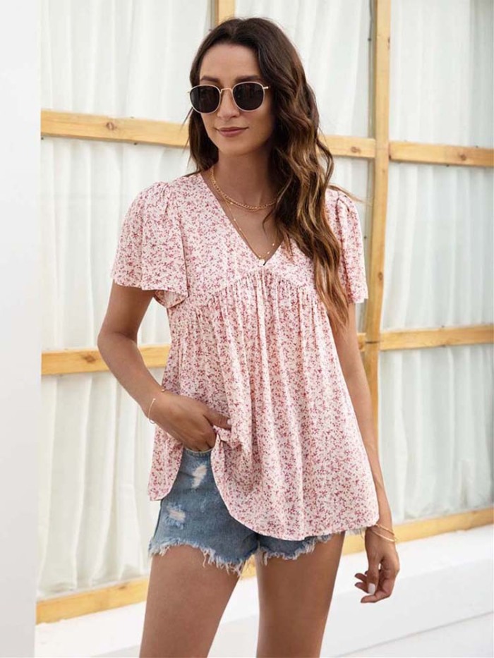 Women's Summer Print Fashion V Neck Loose Casual Shirt