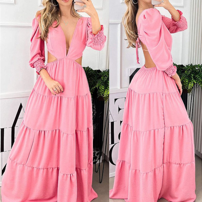 Summer Pure Color Temperament Elegant Sexy V Neck Hollow  Maxi Dress