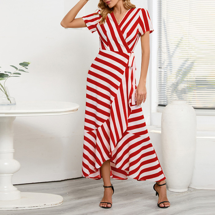 Fashion Slim Temperament Striped Large Swing Irregular V-Neck  Maxi Dress