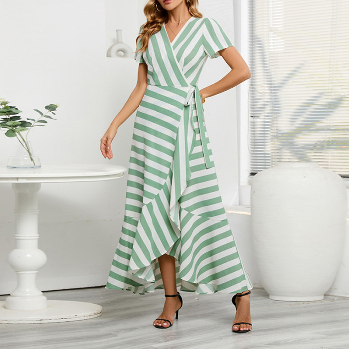 Fashion Slim Temperament Striped Large Swing Irregular V-Neck  Maxi Dress