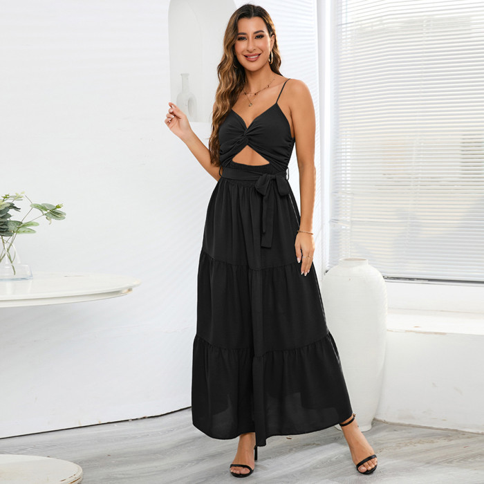 Women's Hollow Tube Top Strap Solid Color Backless Casual Beach  Maxi Dress