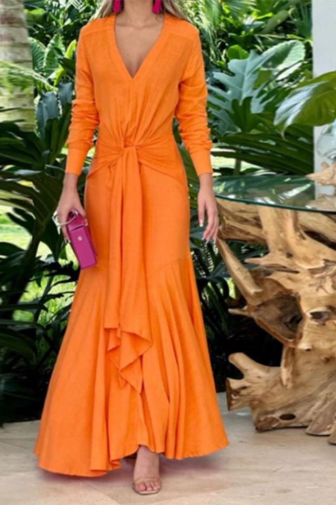 Elegant Solid Color V Neck Ruffle Waist Long Sleeve Maxi Dress