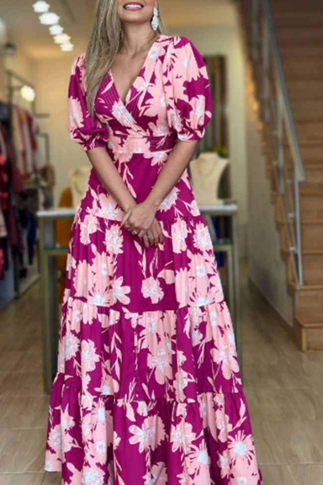 Boho Fashion Fashion Flower Print Sexy V Neck Long Sleeve Ruffle  Maxi Dress