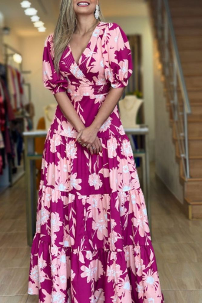 Boho Fashion Fashion Flower Print Sexy V Neck Long Sleeve Ruffle  Maxi Dress