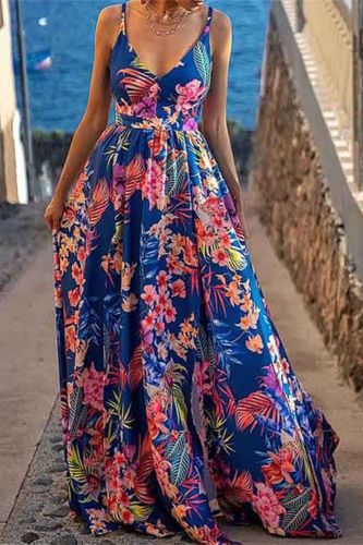 Search Elegant Floral Sexy V-Neck Printed Sling  Maxi Dress