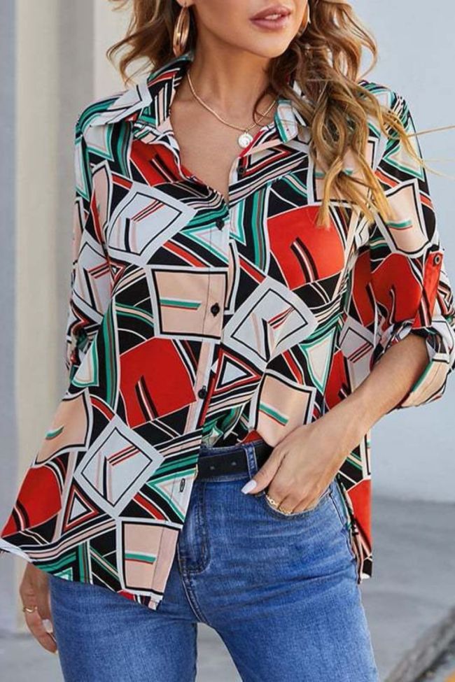 Fashion Print Stand Collar Single Breasted Loose Shirt