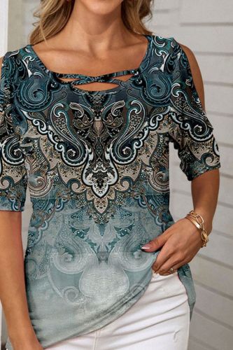 Fashion Ethnic Print Short Sleeve Sexy Off Shoulder Casual O Neck  Blouses & Shirts
