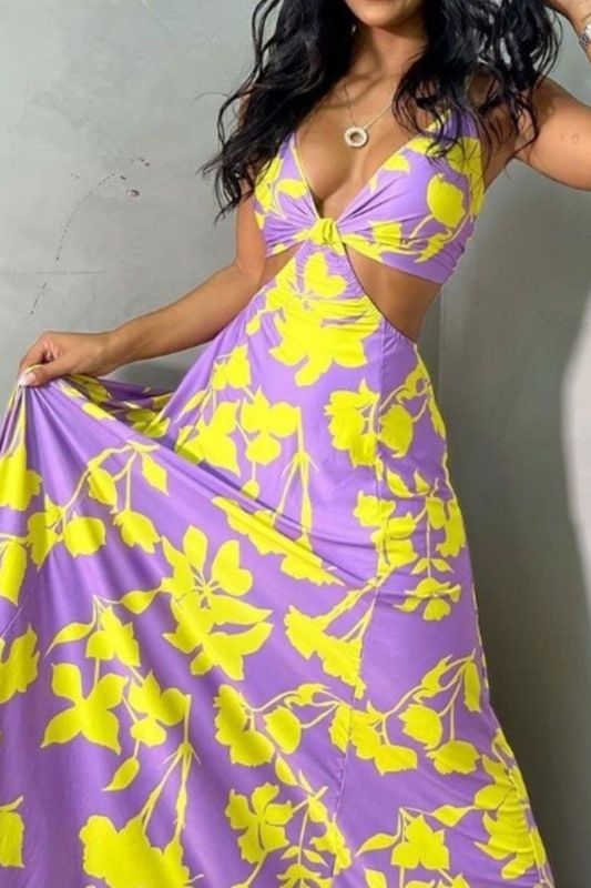 Fashion Sexy Hollow Cotton Linen Retro Print Casual Party Bohemian Maxi Dress