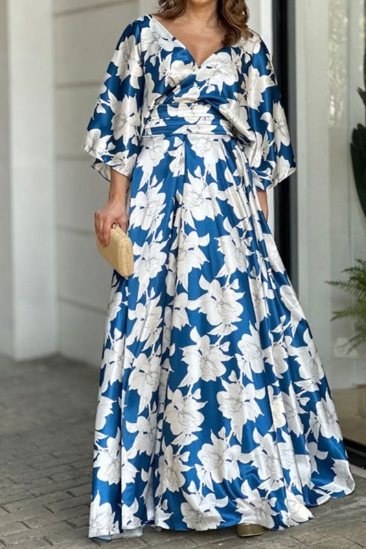 Fashion Party Elegant Print Puff Sleeve Tie High Waist Maxi Dress