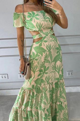 Elegant Sexy Off-Line Neck Backless Hollow Fashion Print Lace  Maxi Dress
