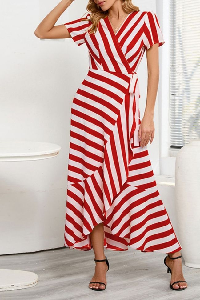 Fashion Slim Temperament Striped Large Swing Irregular V-Neck  Maxi Dress