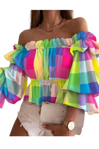 Off Shoulder Layered Top Colorful Pleated Bell Sleeve Date Top Shirt