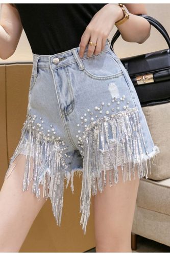 Women's Fashion High Waist Diamond Casual Fringe Denim Shorts