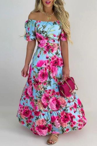 Casual  Slash Collar All Over Print Floral Off Shoulder Maxi A-line Maxi Dress