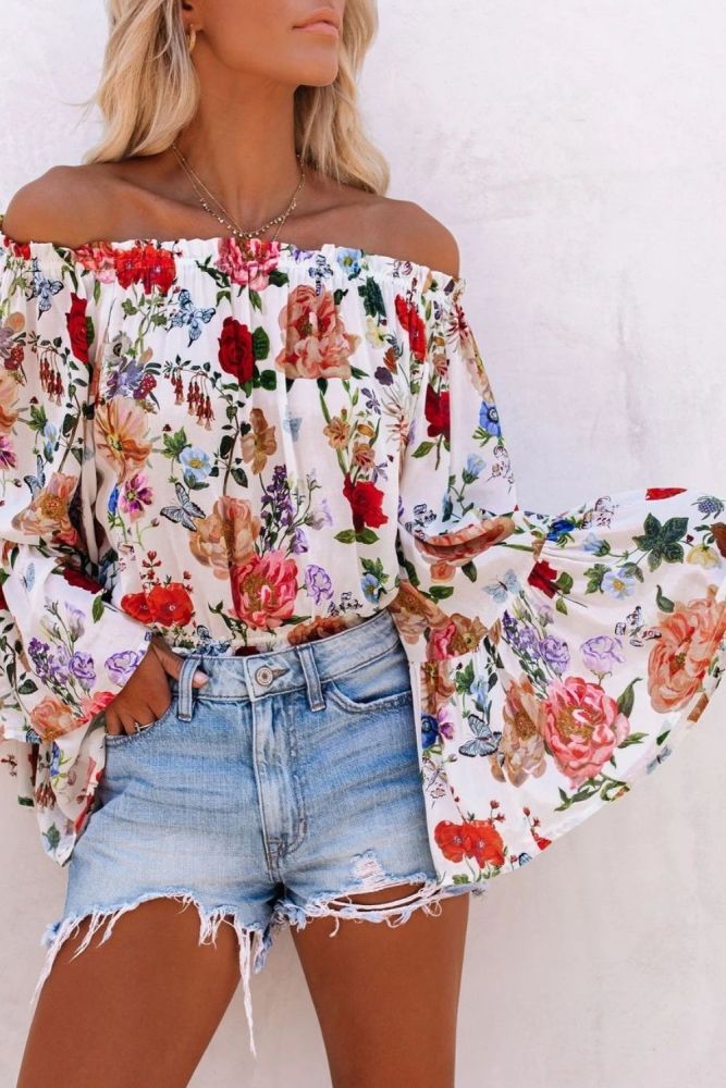 Fashion Printed Bohemian Off Shoulder Dolman Sleeve Top Shirt