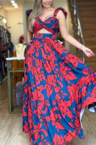 Women's Fashion Casual Strap Backless Pleated Print Waist  Maxi Dress