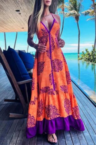 Women's Bohemian Print V Neck Ruffle Sleeveless Beach Maxi Dress