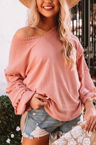 Loose Ruffle Trim V Neck Solid Color Long Sleeve Knitted Shirt