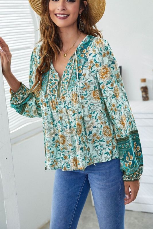 Women's Printed Fashion V Neck Long Sleeve Loose Casual Vintage Chic Shirt Top