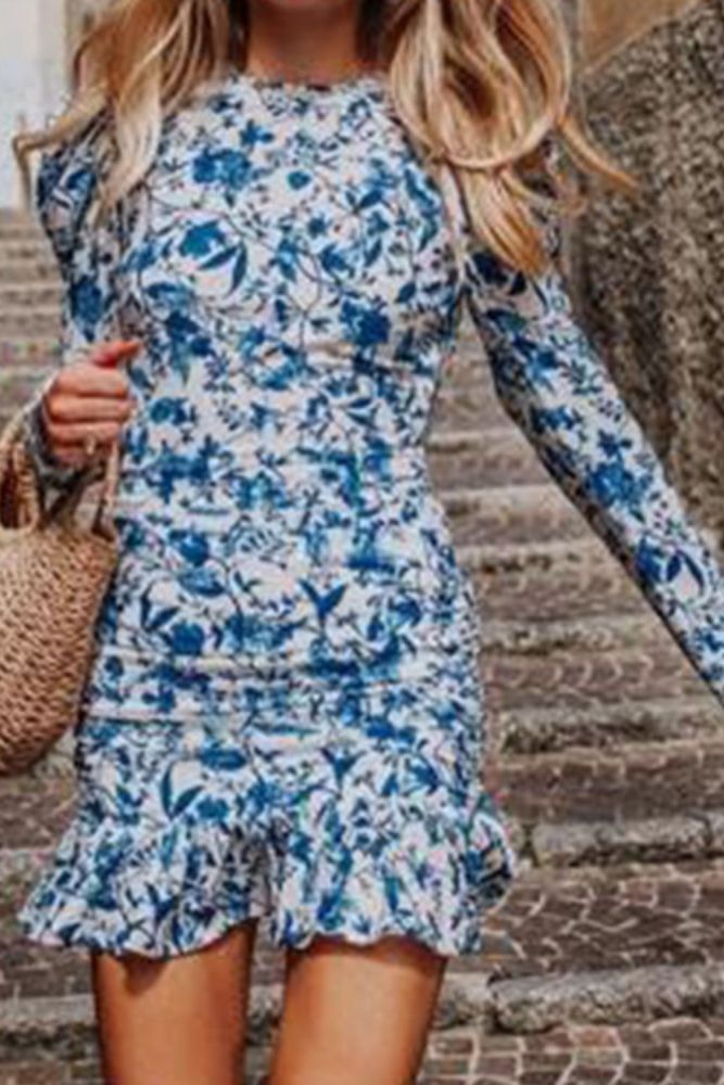 Women's Fashion Sexy Slim Ruffle Floral Casual  Mini Dress