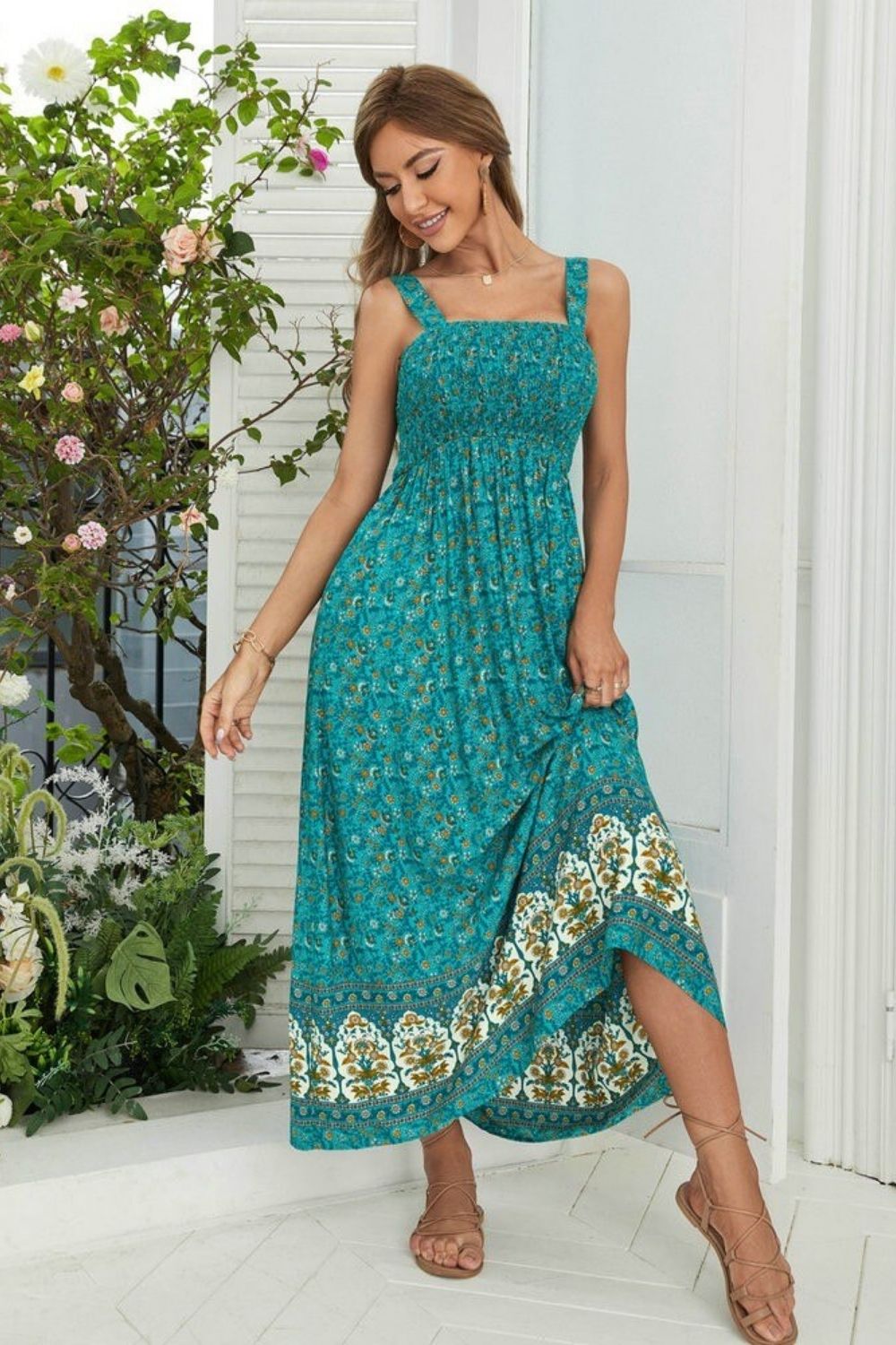 Trendy Floral Print Pleated Sleeveless Backless High Waist Resort