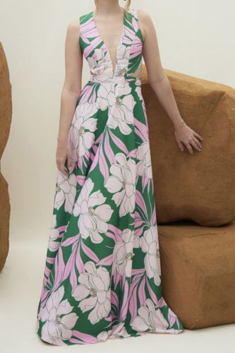 Temperament Floral Pattern Low Neck Cross Backless Sleeveless Long Dress