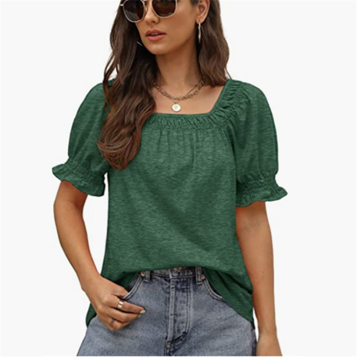 Women's Square Neck Ruffle Casual Loose Solid Color T-Shirt