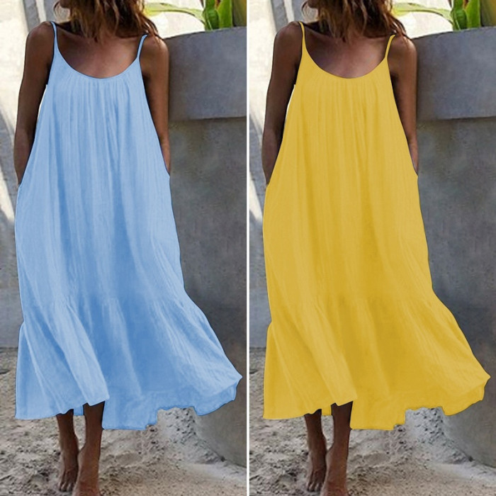 Fashion Ruffle Solid Color Beach Sleeveless Loose  Casual Dress