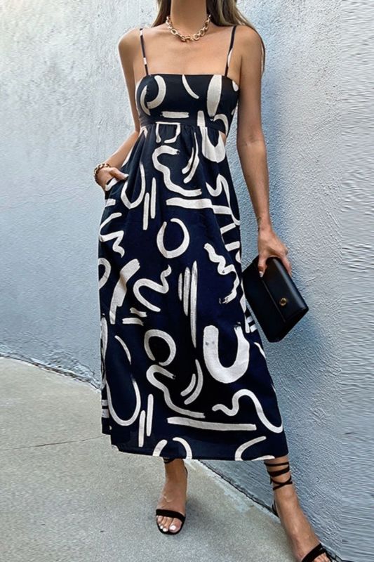 Sexy Backless Party Fashion Abstract Graffiti Print Casual Hollow  Midi Dress