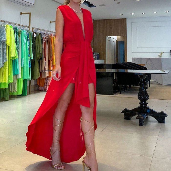Sexy Sleeveless V Neck Clipped Ruffle Office Party Elegant Solid Color A-Line  Maxi Dress
