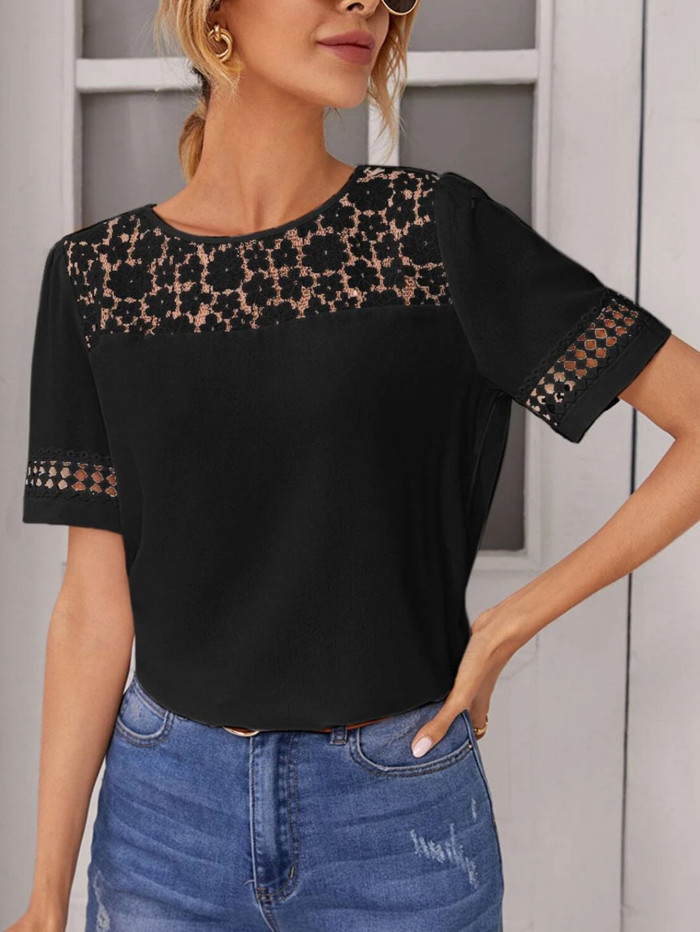 New Solid Lace Panels Crewneck T-Shirts