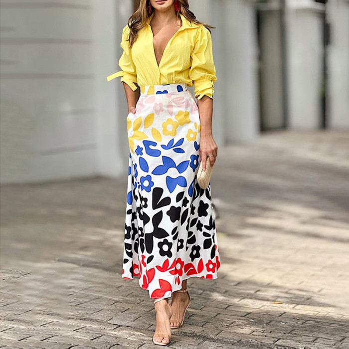 Women's Fashion Temperament Shirt Print Skirt Casual  Two Pieces