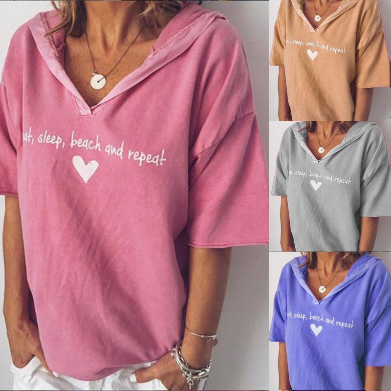 Women's Fashion Casual Tops V Neck Loose Solid Color Printed Hooded T-Shirt