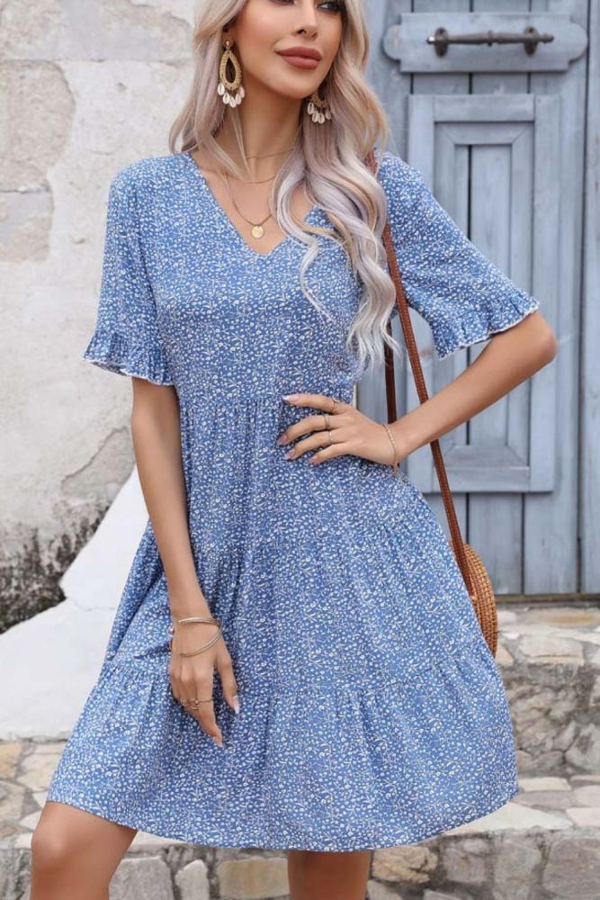 Summer Loose Beach Boho Party Ruffle V Neck Print  Casual Dress