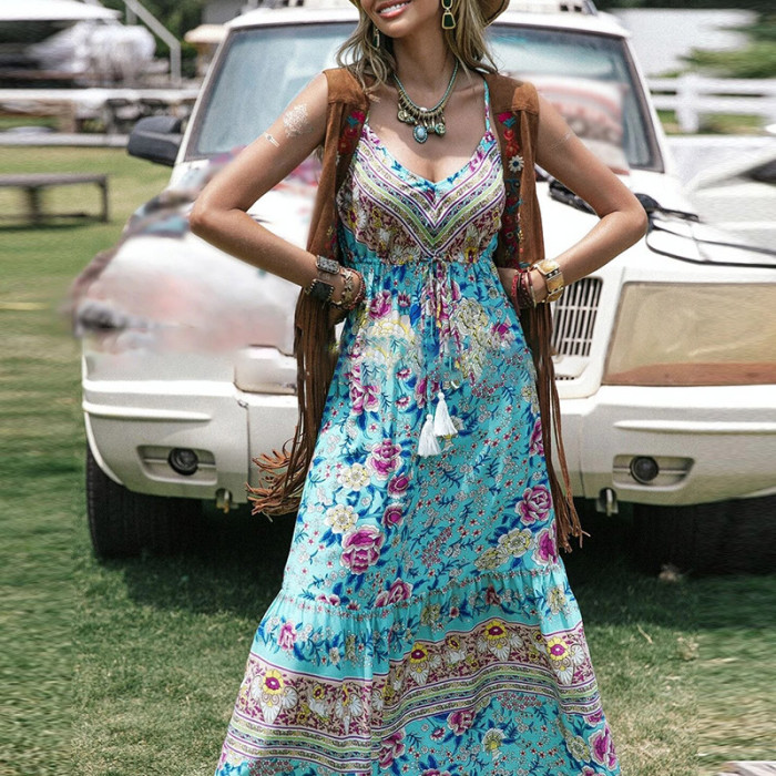 Sexy Vintage Print Elegant V Neck High Waist Party  Maxi Dress