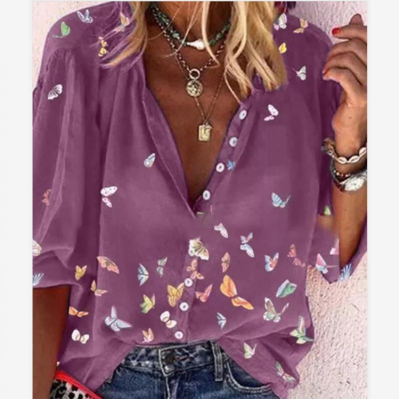 Women's Butterfly Print V Neck Long Sleeve Top Casual  Blouses & Shirts