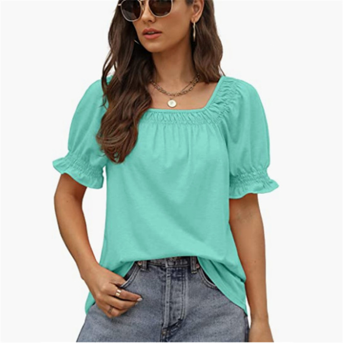 Women's Square Neck Ruffle Casual Loose Solid Color T-Shirt