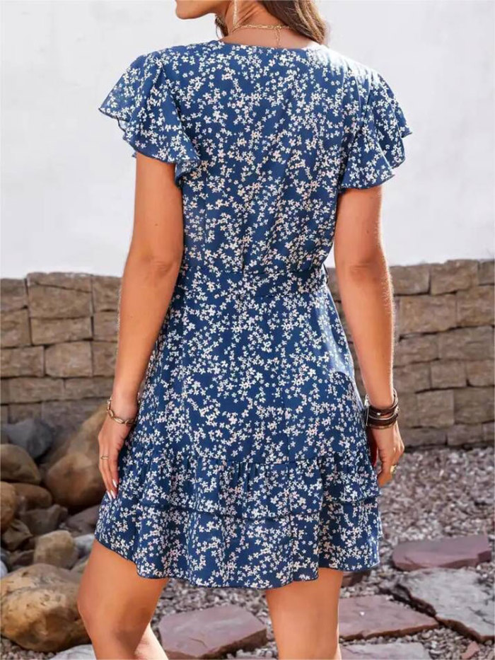 Women's Elegant Summer Ruffle Print Boho Beach Mini Dress